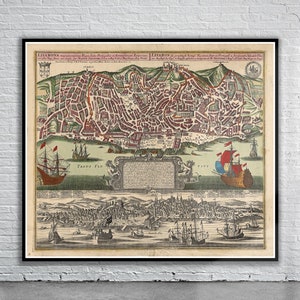 Belle carte vintage de Lisbonne 1730 | Ancienne carte imprimée | Art mural vintage | Idées de décoration d'intérieur