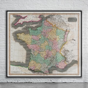 Hermoso mapa vintage de Francia 1814 / Impresión de mapa antiguo / Arte de pared vintage / Ideas de diseño de interiores
