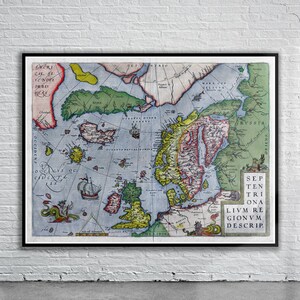 Belle carte vintage de l'Europe du Nord 1570 | Ancienne carte imprimée | Art mural vintage | Idées de décoration d'intérieur