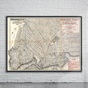 Belle carte vintage de Brooklyn 1874 | Ancienne carte imprimée | Art mural vintage | Idées de décoration d'intérieur