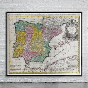 Belle carte vintage de l'Espagne et du Portugal 1730 | Ancienne carte imprimée | Art mural vintage | Idées de décoration d'intérieur