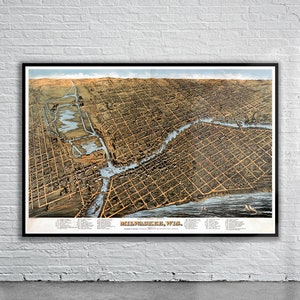 Belle vue à vol d'oiseau vintage de Milwaukee 1872 | Ancienne carte imprimée | Art mural vintage | Idées de décoration d'intérieur