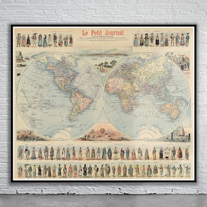 Belle carte vintage du monde 1900 | Ancienne carte imprimée | Art mural vintage | Idées de décoration d'intérieur
