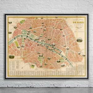 Belle carte vintage de Paris, France 1843 | Ancienne carte imprimée | Art mural vintage | Idées de décoration d'intérieur