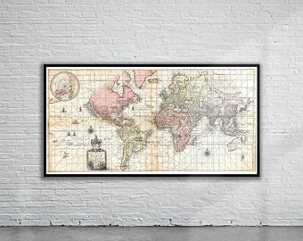 Puede incluir: Una impresión antigua de un mapa del mundo en blanco y negro con un patrón de cuadrícula y continentes coloreados. El mapa está enmarcado en negro y se muestra contra una pared de ladrillo blanco.