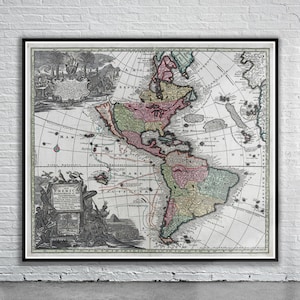 Belle carte vintage des Amériques 1730 | Ancienne carte imprimée | Art mural vintage | Idées de décoration d'intérieur