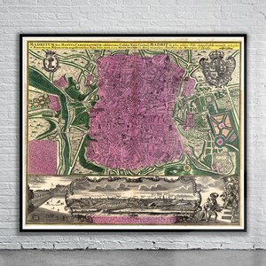 Belle carte vintage de Madrid 1730 | Ancienne carte imprimée | Art mural vintage | Idées de décoration d'intérieur