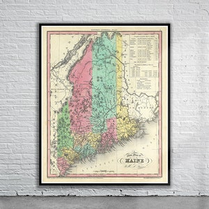 Belle carte vintage de l’État du Maine 1833 | Ancienne carte imprimée | art mural vintage | Idées de design d'intérieur