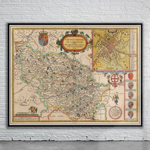 Belle carte vintage du Yorkshire, Angleterre | Ancienne carte imprimée | Art mural vintage | Idées de décoration d'intérieur