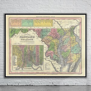 Belle carte vintage de l’État du Maryland et du Delaware 1833 | Ancienne carte imprimée | art mural vintage | Idées de design d'intérieur