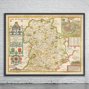 Mooie vintage kaart van Shropshire, Engeland | Oude kaart afdrukken | Vintage kunst aan de muur | Ideeën voor interieurontwerp