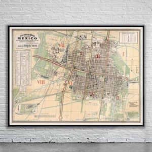 Belo mapa vintage da Cidade do México 1888 | Mapa antigo impressão | Arte de parede vintage | Ideias de design de interiores