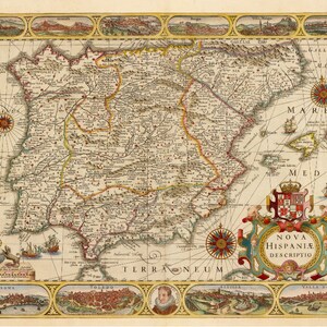 May include: An antique map of Spain from 1600, titled "Nova Hispaniae Descriptio." The map is detailed and colorful, with a compass rose, a coat of arms, and illustrations of ships and cities. The map is surrounded by a decorative border.