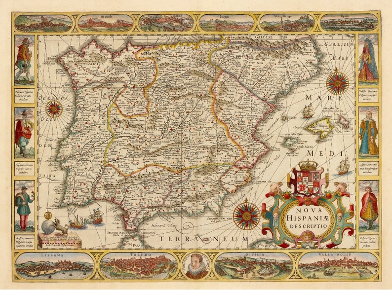 May include: An antique map of Spain from 1600, titled "Nova Hispaniae Descriptio." The map is detailed and colorful, with a compass rose, a coat of arms, and illustrations of ships and cities. The map is surrounded by a decorative border.