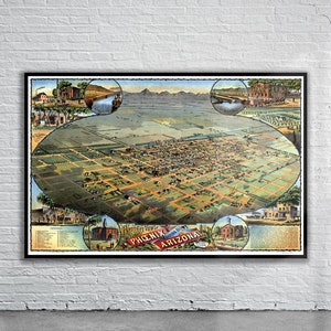 Belle vue vintage de la carte à vol d'oiseau de Phoenix 1885 | Ancienne carte imprimée | Art mural vintage | Idées de décoration d'intérieur