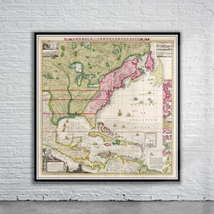 Hermoso mapa vintage de América del Norte 1733 / Impresión de mapa antiguo / Arte de pared vintage / Ideas de diseño de interiores
