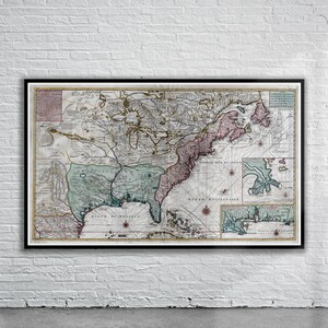 Belle carte vintage de la Nouvelle-France 1720 | Ancienne carte imprimée | Art mural vintage | Idées de décoration d'intérieur
