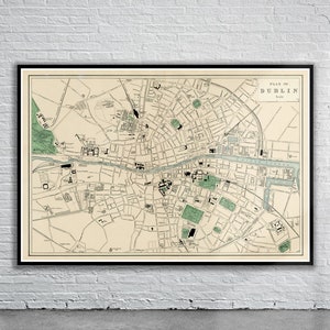 Belle carte vintage de Dublin, Irlande 1880 | Ancienne carte imprimée | Art mural vintage | Idées de décoration d'intérieur