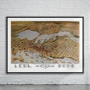 Belle vue vintage de la carte à vol d'oiseau de Vancouver 1898 | Ancienne carte imprimée | Art mural vintage | Idées de décoration d'intérieur