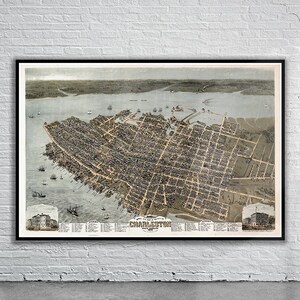 Belle vue vintage de la carte à vol d'oiseau de Charleston 1872 | Ancienne carte imprimée | Art mural vintage | Idées de décoration d'intérieur