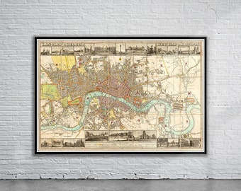 May include: An antique map of London, England, printed in black, brown, red, and blue ink on a cream-colored background. The map shows the River Thames winding through the city, with various landmarks and streets labeled. The title of the map is "Langley &  Highley's New Map of London."