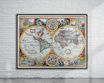 Vintage Map Poster Antique John Speed - Historical World Map Wall Art - Double Hemisphere Design, Archival Matte, Full Color Print