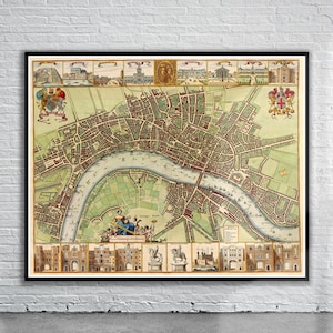 Mooie vintage kaart van Londen, Engeland uit de 17e eeuw | Oude kaart afdrukken | Vintage kunst aan de muur | Ideeën voor interieurontwerp
