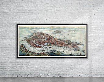 May include: An antique map of Venice, Italy, showing the city's canals and islands. The map is hand-coloured and features a detailed depiction of the city's architecture and layout.