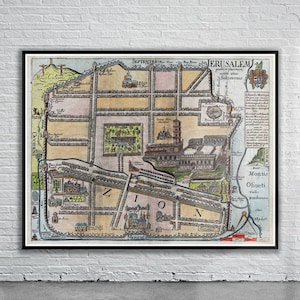 Belle carte vintage de Jérusalem 1650 | Impression de carte ancienne | art mural vintage | Idées de design d'intérieur