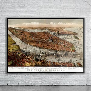 Belle vue vintage de la carte Birdseye de New York 1875 | Ancienne carte imprimée | art mural vintage | Idées de design d'intérieur