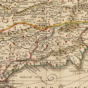 May include: An antique map of the Iberian Peninsula, showing the regions of Spain and Portugal. The map is printed on paper and features a compass rose in the lower right corner. The map is in a vintage style with handwritten text and illustrations.