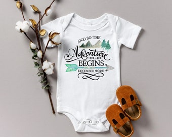 Adventure Begins Baby Announcement Onesie®: Pregnancy Reveal Bodysuit
