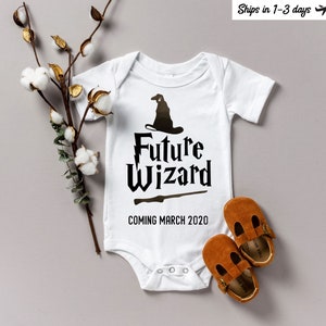 Baby Announcement Onesie®, Future Wizard Baby Onesies, Funny Harry Wizard Baby Clothes Bodysuit, Pregnancy Reveal image 1