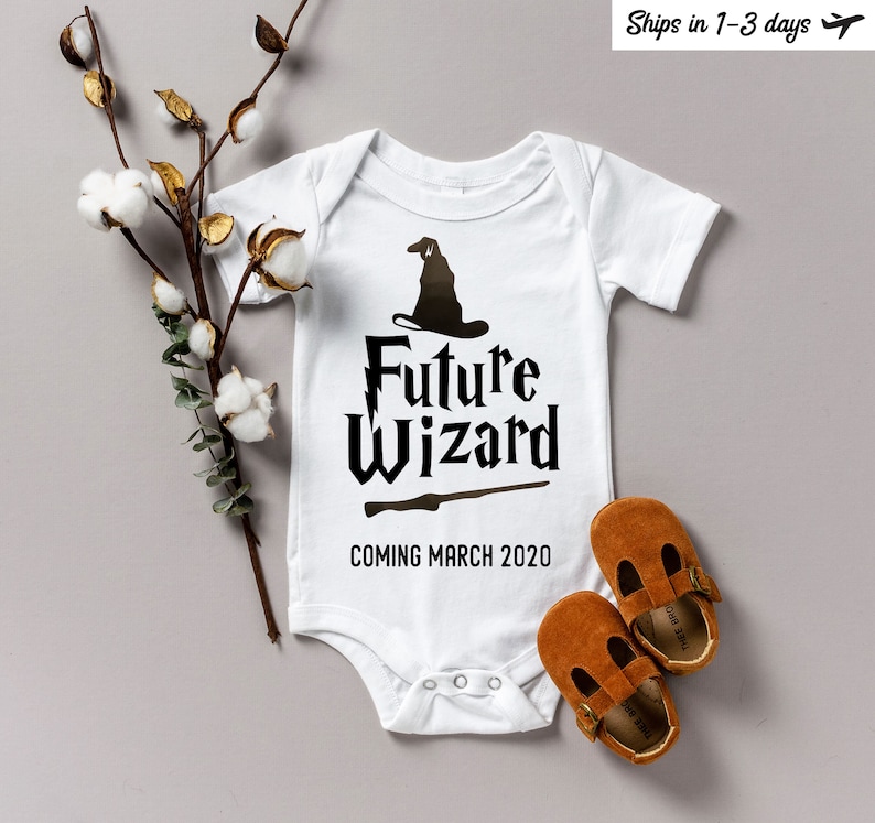 Baby Announcement Onesie®, Future Wizard Baby Onesies, Funny Harry Wizard Baby Clothes Bodysuit, Pregnancy Reveal image 1