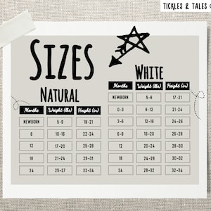 May include: A chart with a black and white color scheme showing baby clothing sizes for natural and white fabrics. The chart lists the age in months, weight in pounds, and height in inches.