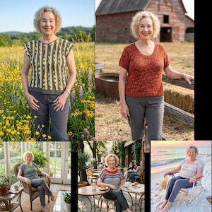 May include: A collection of images showcasing a woman wearing various crocheted tops and gray pants. The tops feature different colors and patterns, including yellow and gray stripes, and a striped design with red, blue, and green. The woman is in different outdoor settings.