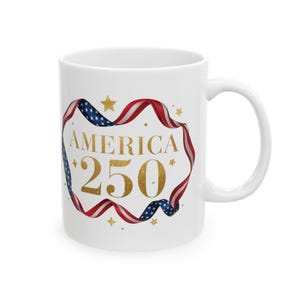 America 250 Ceramic Mug | Patriotic Coffee Cup 11oz | Red White and Blue Tea Mug with C Handle | Vintage USA Anniversary Keepsake Gift