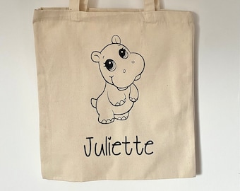 Cotton tote bag - Cute hippo with first name - Personalized tote bag - Personalized cotton bag - Customizable bag - First name bag