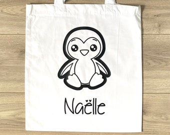 Personalized cotton tote bag - First name tote bag - Customizable cotton bag - Cotton bag with first name - Bag with personalized penguin