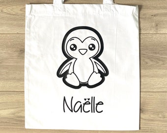 Personalized cotton tote bag - First name tote bag - Customizable cotton bag - Cotton bag with first name - Bag with personalized penguin