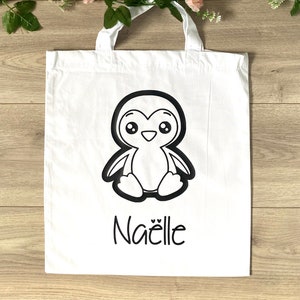 Personalized cotton tote bag - First name tote bag - Customizable cotton bag - Cotton bag with first name - Bag with personalized penguin