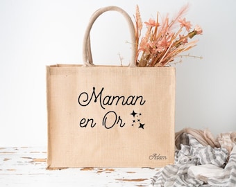 Sac cabas en jute personnalisé maman - Sac cabas maman - Sac cabas personnalisé - Cadeau maman - Sac fête des mères - Sac personnalisé maman