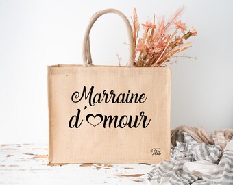 Sac cabas en jute personnalisé marraine - Idée cadeau marraine - Cabas en jute personnalisé - Sac cabas personnalisé - Sac en jute marraine