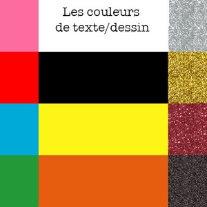 Puede incluir: Una carta de colores con varios colores s&oacute;lidos y texturas de purpurina. En la parte superior izquierda se muestra rosa, rojo, azul, verde y naranja. En la parte superior derecha se muestra purpurina plateada, dorada, roja y negra. El texto "Les couleurs de texte/dessin" est&aacute; en la parte superior.