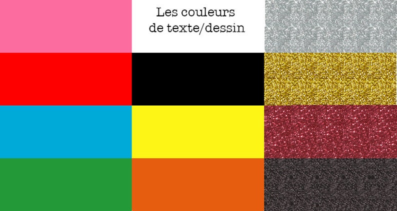 Puede incluir: Una carta de colores con varios colores s&oacute;lidos y texturas de purpurina. En la parte superior izquierda se muestra rosa, rojo, azul, verde y naranja. En la parte superior derecha se muestra purpurina plateada, dorada, roja y negra. El texto "Les couleurs de texte/dessin" est&aacute; en la parte superior.