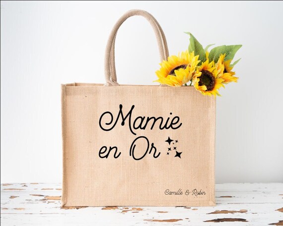 Sac cabas personnalisé mamie - Sac cabas en jute mamie - Sac personnalisé mamie - Sac en jute personnalisé - Fête des grands-mères