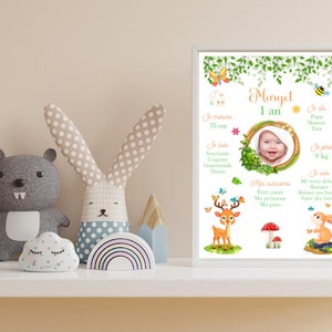 Affiche anniversaire 1 an - Affiche anniversaire personnalisée - Affiche premier anniversaire - Décoration anniversaire - Animaux forêt