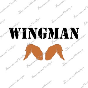 May include: Black and white text that reads "WINGMAN" with two orange wings on either side of the text.