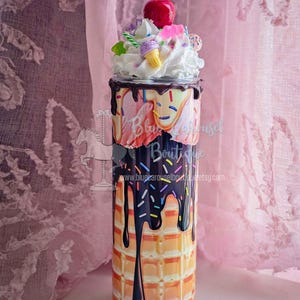 3D ice cream sundae tumbler cup with faux removable magnetic whipped cream, cherry, and candy  topper 20oz capacity realistic food cute
