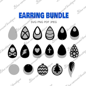 May include: A set of 18 earring designs in black and gray. The designs include a skull and crossbones, a lightning bolt, a heart, a cross, a Christmas tree, a Christmas ornament, and more. The text "EARRING BUNDLE" is at the top of the image. The text "SVG PNG PDF JPEG" is below the title.